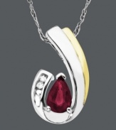 Style, shape, and a touch of sparkle. This swoop-shaped pendant cradles a bright, pear-cut ruby (5/8 ct. t.w.) and sparkling diamond accents. Crafted in sterling silver and 14k gold. Approximate length: 18 inches. Approximate drop: 7/10 inch.