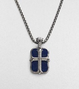 An original design pairs two sterling silver pendants on a single strand. The cross pendant is crafted with pavé diamond detail, and the larger features smooth lapis inlay. Sterling silver Pavé diamonds Lapis Pendant: 1 long Necklace: 24 long Lobster clasp closure Imported 