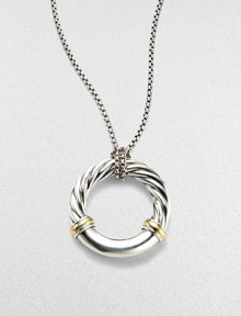 From the Metro Collection. A sleek, sophisticated circle, combining smooth and cabled sterling silver with accents of 18k gold, hangs from a richly textured silver chain and bale. Sterling silver and 18k yellow gold Chain length, about 18 Pendant diameter, about 1¼ Spring ring clasp Imported From the Metro Collection. A sleek, sophisticated circle, combining smooth and cabled sterling silver with accents of 18k gold, hangs from a richly textured silver chain and bale. Sterling silver and 18k yellow gold Chain length, about 18 Pendant diameter, about 1¼ Spring ring clasp Imported