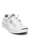 These classic shoes made famous by Jack Purcell are as popular as ever. Leather low-top sneakers with stripe detail at toe.