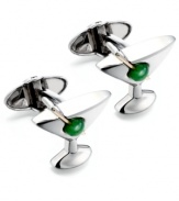 Pay tribute to the business man's favorite post-work cocktail. Dolan Bullock's martini glass-shaped cuff links are set in sterling silver and feature a green jade olive (1/6 ct. t.w.) and a 14k gold accent. Approximate size: 7/8 inch x 3/4 inch.