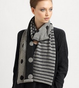 Eye-catching metallic threads lend a dazzling touch to this ultra-soft wool-blend knit wrap with bold stripes and dots.Wool/Polyester/Metallic Yarns9 X 70.5Dry cleanImported