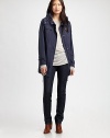 Thanks to its matching pouch, this sleek jacket with military-inspired rainflaps and multiple pockets is as convenient as it is stylish.Feminine collarSelf-tie bow on sleevesCord endsConcealed zipper frontMultiple pocketsButton detail at back yokeSmocked back for a great fitMatching pouch includedFully linedAbout 33 from shoulder to hem86% polyester/14% nylonMachine washImported Model shown is 5'11 (180cm) wearing US size Small. 