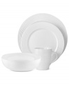 Find style and substance in the pure white glaze and durable bone china of this Tin Can Alley place setting. Concentric grooves – seven degrees – distinguish the edge or exterior of each piece for a look of understated elegance.