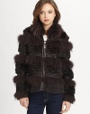 Sumptuous rabbit and raccoon fur is layered with plush leather inserts to create an ultra-luxurious, ultra-chic topper.Dyed rabbit, Asiatic raccoon and Tibetan lamb furOversized fur collarLong sleevesFull-zip frontSpecialty dry cleanImportedRabbit fur origin: ChinaRaccoon fur origin: FinlandThis style runs true to size. We recommend ordering your usual size for a standard fit. 