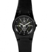 For distinctively masculine - yet still subtle - style, strap on this black on black watch by Unlisted. Black leather strap and round gunmetal ion-plated mixed metal case. Black dial features white numerals and stick indices, minute track, subdial, three hands and logo. Quartz movement. Splash resistant. Two-year limited warranty.