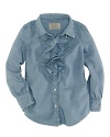 Inspired by the boys, this button-front chambray shirt gets a girly makeover with a frilly ruffle trim along the front.