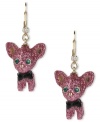 Woman's best friend. These adorable chihuahua earrings from Betsey Johnson flaunt pink glitter details and crystal accents. Crafted in antiqued gold tone mixed metal. Approximate drop: 1-3/4 inches.