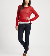 Semi-sheer crewneck has a dramatic hi-low hem and subtle side slits. Ribbed crewneckLong dolman sleevesRibbed cuffs and hemHi-low hem with side slitsLinenDry cleanImportedModel shown is 5'10 (177cm) wearing US size Small.