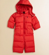 Keep baby warm from head to toe in a cozy snowsuit in channel-quilted microfiber filled with featherweight down and finished with a detachable hood.Detachable hoodLong sleevesFull-zip frontHand pocketsElastic cuffs and hemFully linedShell and lining: PolyesterFill: 60% down/40% waterfowl feathersMachine washImported Please note: Number of snaps may vary depending on size ordered. 