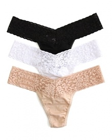 Hanky Panky's signature low-rise thong with logo detail along lace trim.