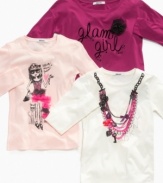 Fun girlie t-shirts with unique graphics by DKNY. Get all three to add to her solid colored t-shirt collection. Also makes a great gift.