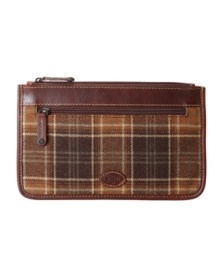 The refinement of vintage luggage is replicated with this hunting-inspired plaid print and leather trim insert pack from Fossil.