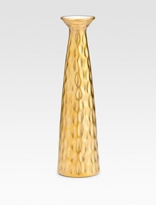 A timeless yet functional work of art, handcrafted in charming porcelain with a lustrous 24k gold glaze. Accommodates standard taper candle 12 high Dishwasher safe Made in USA A timeless yet functional work of art, handcrafted in charming porcelain with a lustrous 24k gold glaze. Accommodates standard taper candle 12 high Dishwasher safe Made in USA
