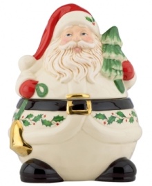 Just begging for baked goods, Santa's round little belly serves as the perfect cookie jar. With festive gold accents and a holly motif to match the beloved Lenox Holiday dinnerware collection. Just begging for baked goods, Santa's round little belly serves as the perfect cookie jar. With festive gold accents and a holly motif to match the beloved Lenox Holiday dinnerware collection.