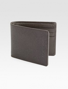 Every man's must-have accessory, in rich, pebbled leather.One billfold compartmentSix card slotsLeather4 x 3¼Made in Italy Every man's must-have accessory, in rich, pebbled leather.One billfold compartmentSix card slotsLeather4 x 3¼Made in Italy