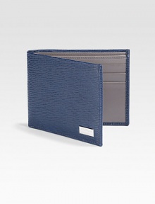 Single fold wallet crafted in Italy from stamped calfskin leather with silver logo ornament.Two bill compartmentsSix card slotsLeather5W x 4HMade in Italy Single fold wallet crafted in Italy from stamped calfskin leather with silver logo ornament.Two bill compartmentsSix card slotsLeather5W x 4HMade in Italy