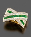 Round-cut emeralds (3/4 ct. t.w.) and round-cut diamonds (1/4 ct.t.w.) crisscross within this 14k yellow gold ring for a very elegant effect.