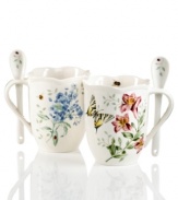Too sweet, Butterfly Meadow cocoa mugs boast the beloved blooms and butterflies of Lenox in easy-care porcelain. A scalloped edge, details inside and coordinating spoons that set in the handle make them a treat to give and to get.