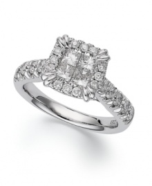For the moment that will last a lifetime, this stunning Princess Treasures' engagement ring features four princess-cut diamonds at center and a smaller halo of round-cut diamonds and diamonds at the shoulders (total 1-3/4 ct. t.w.). Crafted in 14k white gold. For the moment that will last a lifetime, this stunning Princess Treasures' engagement ring features four princess-cut diamonds at center and a smaller halo of round-cut diamonds and diamonds at the shoulders (total 1-3/4 ct. t.w.). Crafted in 14k white gold.