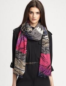 A double-sided, abstract print with baby fringe details. CashmereAbout 36 X 80Dry cleanImported A double-sided, abstract print with baby fringe details. CashmereAbout 36 X 80Dry cleanImported
