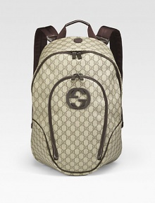 Backpack with interlocking G detail in leather-trimmed GG plus fabric. Zip closure Adjustable nylon straps Front zip pocket 13½W X 19¼H X 6D Made in Italy Backpack with interlocking G detail in leather-trimmed GG plus fabric. Zip closure Adjustable nylon straps Front zip pocket 13½W X 19¼H X 6D Made in Italy