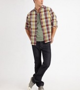 A clean, saturated wash that dresses up or down with ease in soft, raw denim for a personalized fit and feel. Five-pocket style Button fly Inseam, about 34 Cotton Machine wash Made in USA 