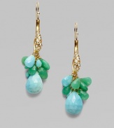 A cool-colored cluster of faceted turquoise and chrysoprase, capped by the shimmer of Swarovski crystals.Turquoise and chrysoprase Crystal 18k goldplate Drop, about 2¼ Ear wire Made in USA