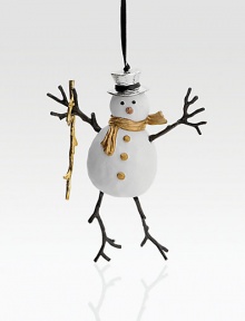 This playful, charming snowman is the perfect addition to the festive holiday tree.HandmadeGoldplate, oxidized bisque body5.75HImported This playful, charming snowman is the perfect addition to the festive holiday tree.HandmadeGoldplate, oxidized bisque body5.75HImported