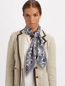 A charming floral print and zig-zag fringe add unique style to a wool scarf.WoolAbout 45 X 45Dry cleanImported A charming floral print and zig-zag fringe add unique style to a wool scarf.WoolAbout 45 X 45Dry cleanImported