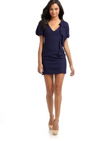 THE LOOKV necklineShort puffed sleevesPrincess seamsRuffles cascade down one sideBack zipper with hook-and-eyeTHE FITAbout 31 from shoulder to hemTHE MATERIAL73% viscose/26% wool/1% elastaneFully linedCARE & ORIGINDry cleanImported THE LOOKV necklineShort puffed sleevesPrincess seamsRuffles cascade down one sideBack zipper with hook-and-eyeTHE FITAbout 31 from shoulder to hemTHE MATERIAL73% viscose/26% wool/1% elastaneFully linedCARE & ORIGINDry cleanImported