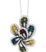 Make a colorful splash. Le Vian's Mixberry™ flower pendant brings together round-cut diamonds in white (5/8 ct. t.w.), red (1/5 ct. t.w.), blue (3/8 ct. t.w.), yellow (3/8 ct. t.w.) and green (3/8 ct. t.w.) for a vibrant effect. Necklace set in 14k white gold. Approximate length: 18 inches. Approximate drop: 1 inch.
