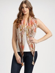This square-shaped scarf features a gorgeous design in full bloom.Tassel detailsAbout 42 X 42SilkHand washImported This square-shaped scarf features a gorgeous design in full bloom.Tassel detailsAbout 42 X 42SilkHand washImported
