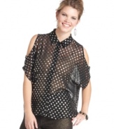 Score a spot-on look with ING's cold-shoulder plus size top, finished by a polka-dot print