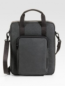 Tote your tech devices around in style with this signature-stamped leather shoulder bag with front zip pocket.Zip closureTop handlesShoulder strapExterior zip pocketFully lined11½W x 15¼H x 1DImported Tote your tech devices around in style with this signature-stamped leather shoulder bag with front zip pocket.Zip closureTop handlesShoulder strapExterior zip pocketFully lined11½W x 15¼H x 1DImported