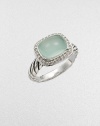 From the Noblesse Collection. A beautiful cabochon of aqua chalcedony surrounded in dazzling diamonds on a sterling silver shank. Aqua chalcedonyDiamonds, .21 tcwSterling silver Width, about .31Imported 