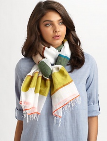 A semi-sheer, woven wrap in a striped design with fringe trim.50% cotton/40% merino wool/10% acrylic80 X 26Hand washImported A semi-sheer, woven wrap in a striped design with fringe trim.50% cotton/40% merino wool/10% acrylic80 X 26Hand washImported