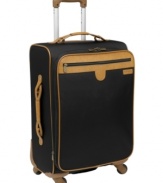 Love at first flight. Looks smart and packs smart for smooth travel, this durable spinner glides along on four 360º wheels and expands up to 2 to make even more room for your essentials. A versatile design you won't want to leave home without features an exterior easy-access pocket for airport necessities, restraining straps to hold clothes securely, mesh pockets for organization and a removable garment sleeve for organized trips. Lifetime warranty.