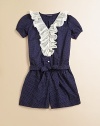 A stylish romper rendered in Swiss-dot cotton is accented with ruffled lace and a sash for the perfect seasonable ensemble.V-neck with ruffled lace trimShort puffed sleevesButton frontElastic waist with self-tie sashBottom snapsStriped ruffles at hemCottonMachine washImported Please note: Number of buttons/snaps may vary depending on size ordered. 