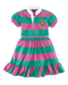 The classic striped rugby shirt inspired a comfortable cotton jersey dress, finished for a pretty look with a ruffled collar and puff sleeves. The classic striped rugby shirt inspired a comfortable cotton jersey dress, finished for a pretty look with a ruffled collar and puff sleeves.
