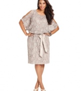 Feminine flourishes abound on Jessica Howard's plus size lace dress, adorned with split sleeves, sequins and a pretty ribbon tie belt.