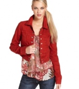The classic jean jacket by Lucky Brand Jeans gets a stylish makeover with a red wash and cropped hem!