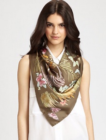 A sumptuous silk scarf dips into the wild with an abstract jungle print.SilkAbout 36 X 36Dry cleanMade in Italy A sumptuous silk scarf dips into the wild with an abstract jungle print.SilkAbout 36 X 36Dry cleanMade in Italy