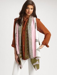 This exquisite, 2-in-1 silk design, is adorned with colorful, abstract prints and can be worn as a scarf or vest to suit your own personal style.Open frontSleevelessSilkAbout 33 X 64.5Dry cleanImported This exquisite, 2-in-1 silk design, is adorned with colorful, abstract prints and can be worn as a scarf or vest to suit your own personal style.Open frontSleevelessSilkAbout 33 X 64.5Dry cleanImported