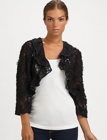 EXCLUSIVELY AT SAKS. A classic bolero silhouette, dressed up with ribbon trim in a stunning lace design.Lace collarThree-quarter sleevesOpen frontPolyesterAbout 18 center backDry cleanMade in the USA of imported fabric EXCLUSIVELY AT SAKS. A classic bolero silhouette, dressed up with ribbon trim in a stunning lace design.Lace collarThree-quarter sleevesOpen frontPolyesterAbout 18 center backDry cleanMade in the USA of imported fabric