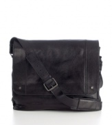 Follow your first impression-this messenger bag is a standout in both style and function, offering a rich creamy leather exterior that draws you in to reveal its roomy double compartments, simplistic flap-over design and convenient organizer pockets, putting practicality at fashion's doorstep. Limited lifetime warranty.