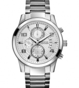 A vintage-inspired chronograph watch in polished steel, by GUESS.