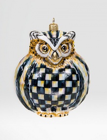A wise addition to this year's Christmas tree, handpainted with a check pattern in mouthblown glass by some of the world's most talented glass artisans. Arrives in a storage box 3W X 4½H X 3D Imported A wise addition to this year's Christmas tree, handpainted with a check pattern in mouthblown glass by some of the world's most talented glass artisans. Arrives in a storage box 3W X 4½H X 3D Imported