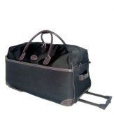 The versatility of this durable rolling duffel is unmatched.  Simply swing over your arm or effortlessly maneuver this bag on its two spinner wheels for convenient travel that leaves no detail behind. The rear compartment zipper lets you stash away last minute necessities, so you're always prepared. 2-year warranty.