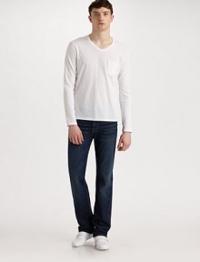 The standard against which all other jeans will be measured in 11-ounce denim, now with a subtle shrink-to-fit look achieved through a wash process that adds natural texture. Five-pocket style Signature stitching on back pockets Inseam, about 34 98% cotton/2% spandex Machine wash Made in USA The standard against which all other jeans will be measured in 11-ounce denim, now with a subtle shrink-to-fit look achieved through a wash process that adds natural texture. Five-pocket style Signature stitching on back pockets Inseam, about 34 98% cotton/2% spandex Machine wash Made in USA